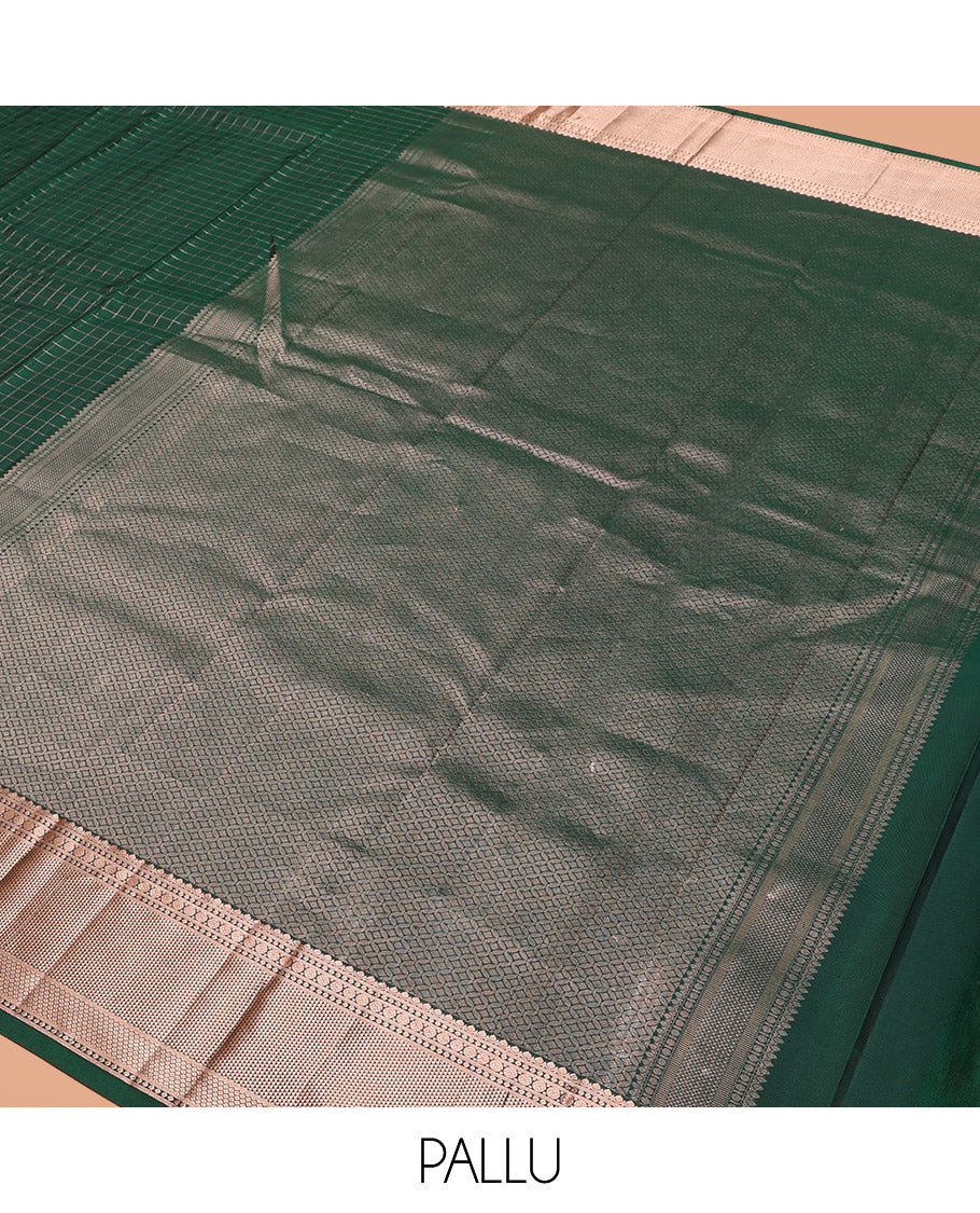 Green Vasundhara Silk Saree Beautifully Bedecked with Checks, Highlighted by a Zari Border of Rudraksham, Ara Maadam, and Mayil Kann Designs, Delicately Woven Geometric Patterned Pallu, and Paired with a Matching Blouse
