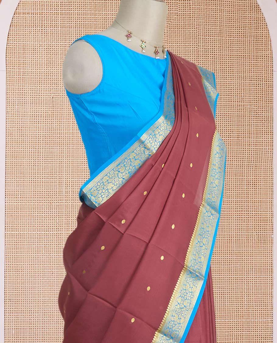 Maroon zari buttas Mysore silk saree, contrast floral vine design zari border & zari buttas pallu