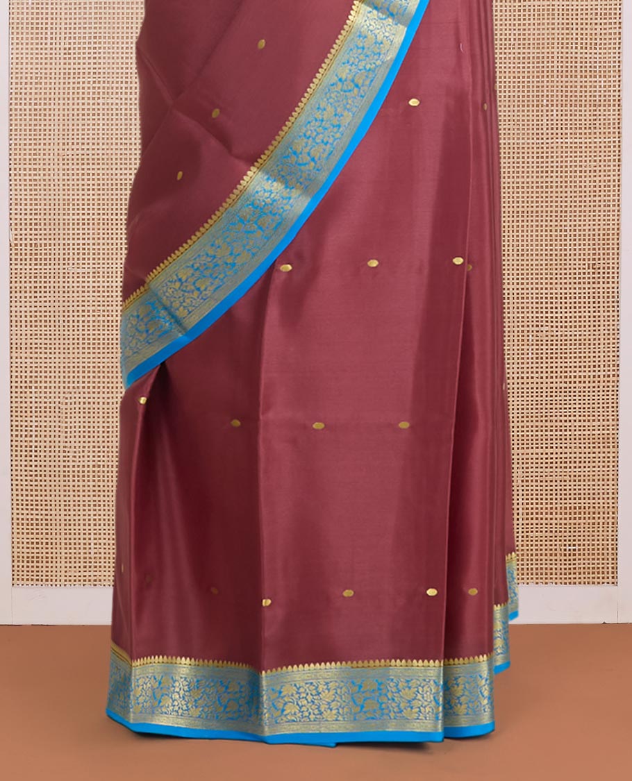 Maroon zari buttas Mysore silk saree, contrast floral vine design zari border & zari buttas pallu