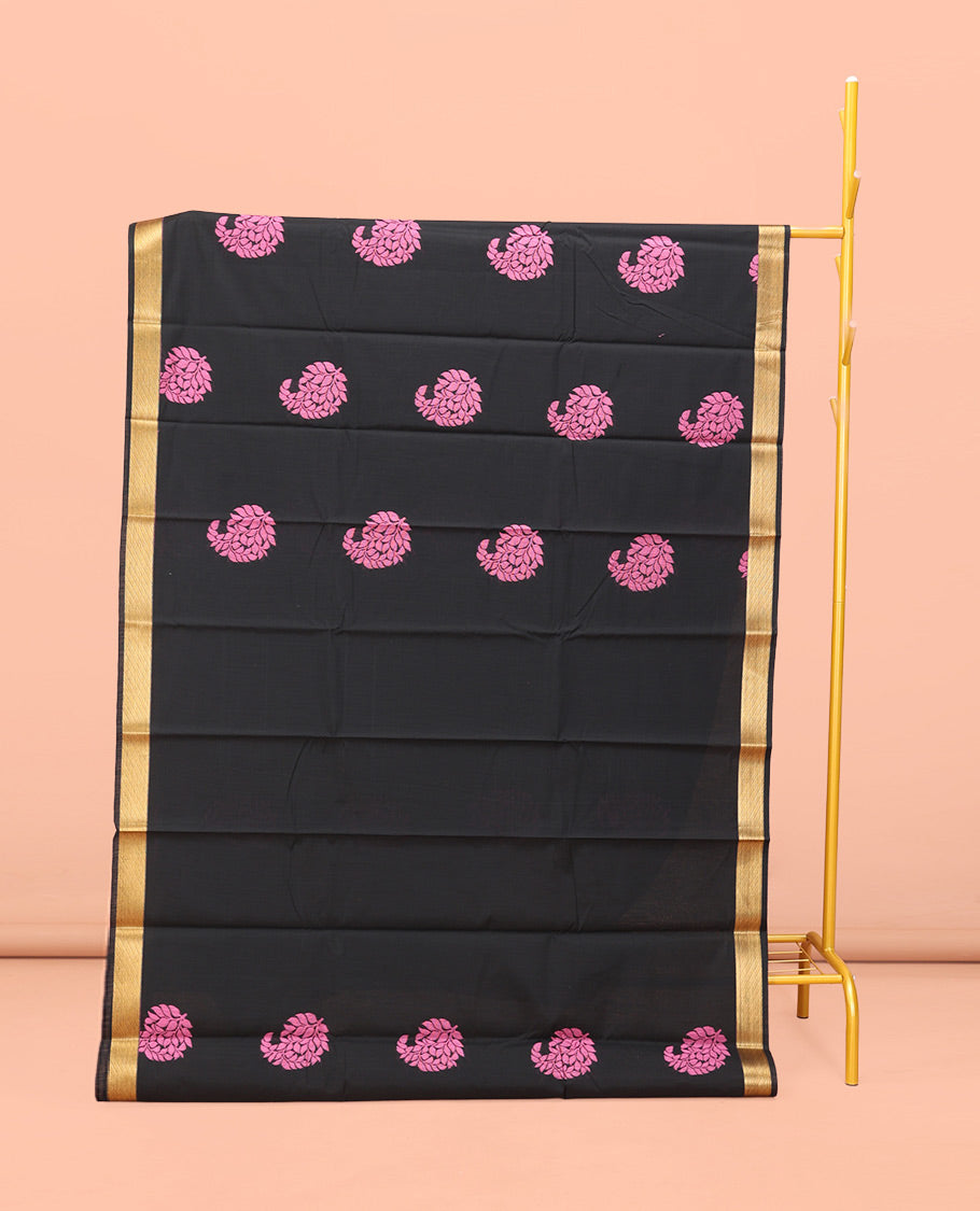Black Semi-Silk Cotton Saree, Elevated with Paisley Zari Buttas All Over Its Body, Highlighted by a Zari Border, Pallu of Floral and Paisley Design, and Paired with a Matching Blouse