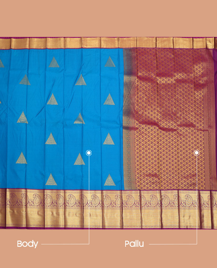 Blue Budget Silk Saree, Accentuated with Triangle Buttas All Over Its Body, Complemented by a Contrast Traditional Zari Design Border, Grand Jaal Pallu, and Paired with a Contrast Blouse