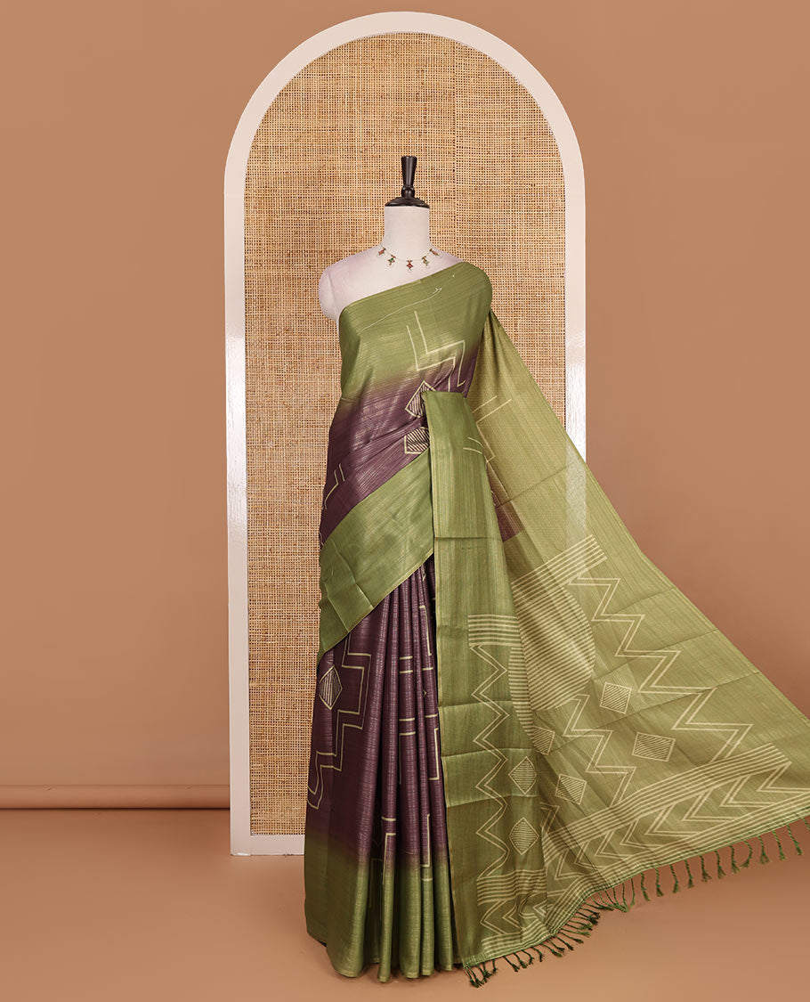 Borderless brown and olive green zari stripes and geometric patterns printed soft tussar saree, geometric printed pallu, and contrast diamond motif printed blouse