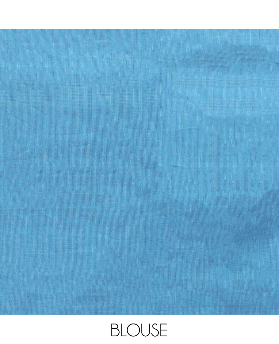Blue Plain Chettinad Cotton Saree, Complemented by a Contrast Traditional Zari Design Border, Pallu of Stripes, and Paired with a Matching Blouse