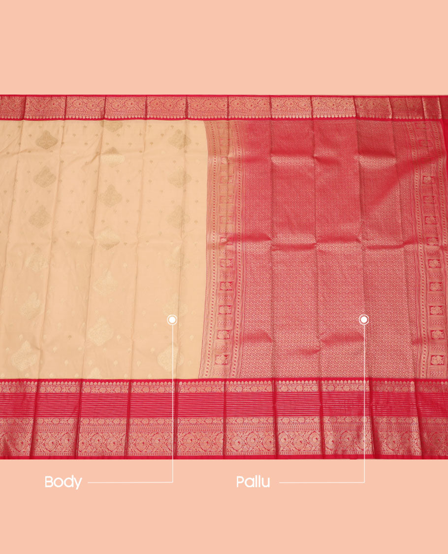 Sandal Budget Silk Saree, Sparsely Sparkled with Zari Buttas, Contrast Traditional Zari Border, Grand Jaal Pallu, and a Contrast Blouse