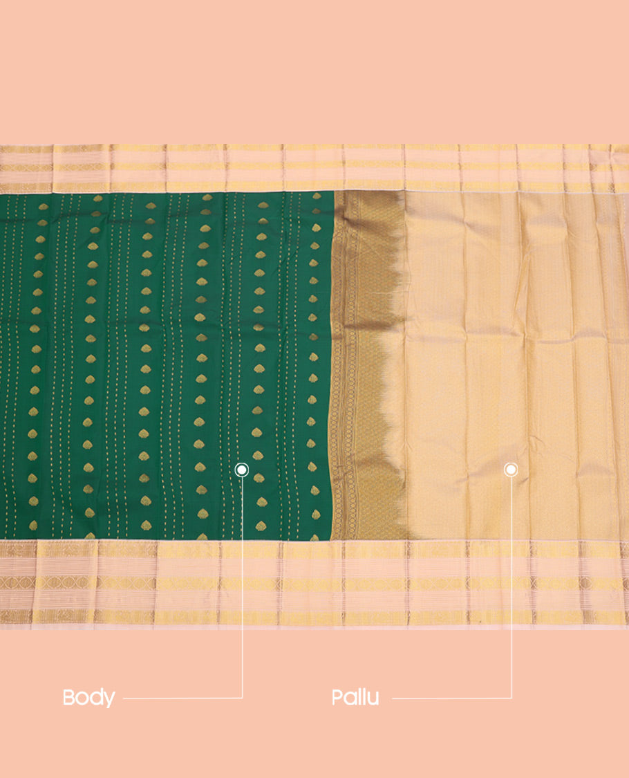 Green Budget Silk Saree, Bedecked with Zari Buttas, Complemented by a Contrast Traditional Zari Border, Grand Pallu, and Contrast Blouse