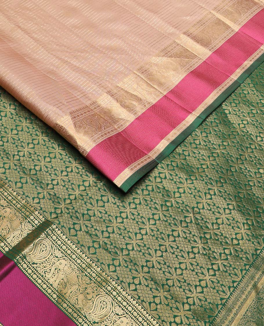 Sandal zari design silk saree, contrast intricate pallu & border of rekku, muthu, paisa, kodi mayil & yaanai designs