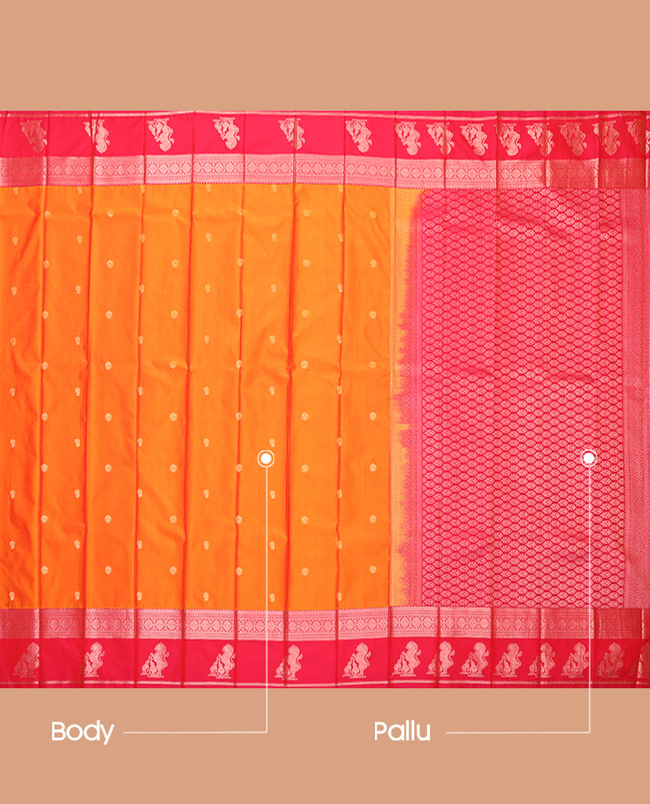 Orange Budget Silk Saree, Elevated with Zari Buttas, Complemented by a Contrast Traditional Zari Border of Singam Designs, Grand Pallu, and a Contrast Blouse