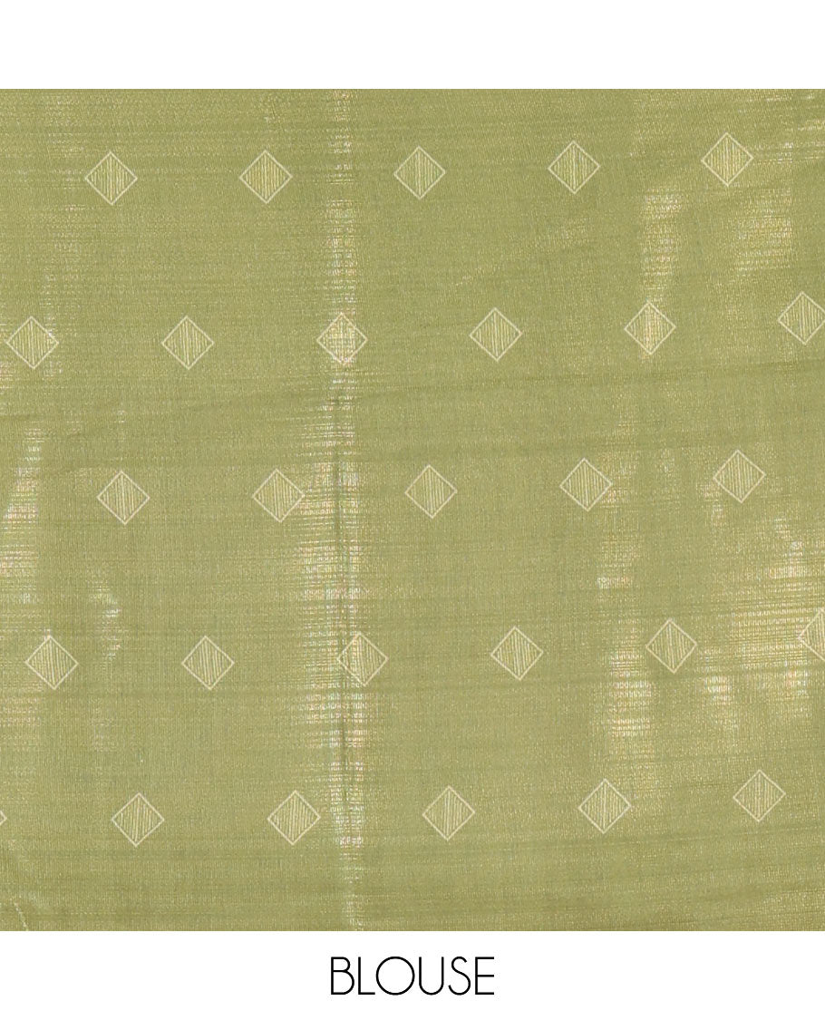 Borderless brown and olive green zari stripes and geometric patterns printed soft tussar saree, geometric printed pallu, and contrast diamond motif printed blouse