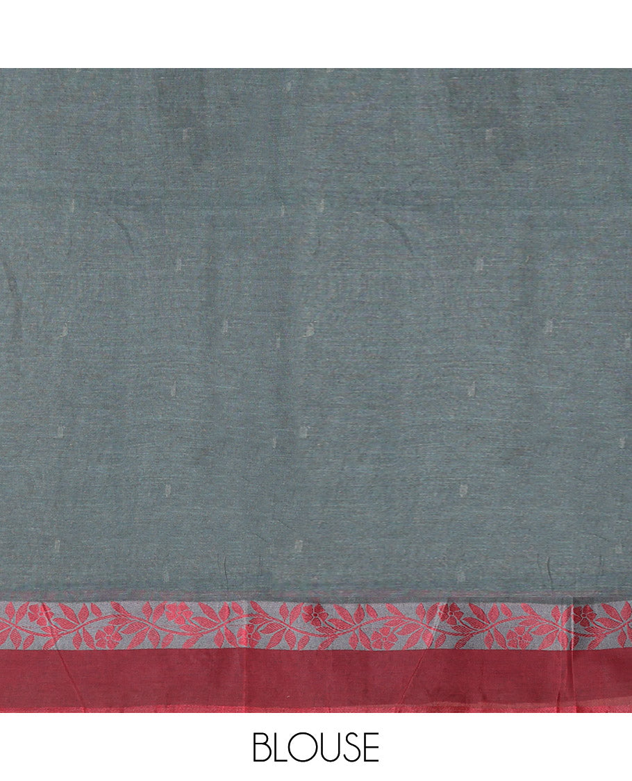 Grey Bengal Cotton Saree, Featuring Buttas, Contrast Floral Creeper Border, a Pallu of Stripes and Buttas, and a Matching Blouse