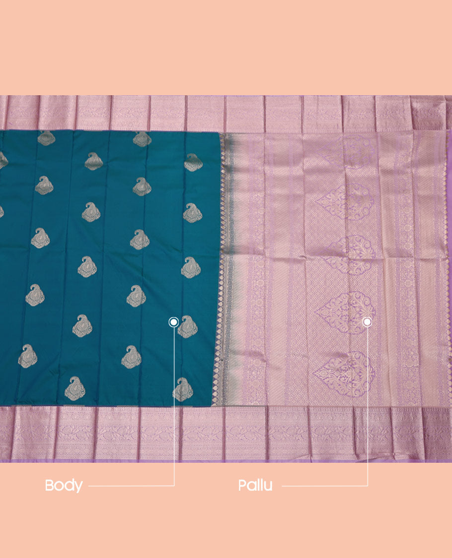Blue Budget Silk Saree, Bedecked with Paisley Buttas All Over Its Body, Complemented by a Contrast Traditional Zari Design Rettai Pettu Border, Intricate Pallu, and Paired with a Contrast Blouse