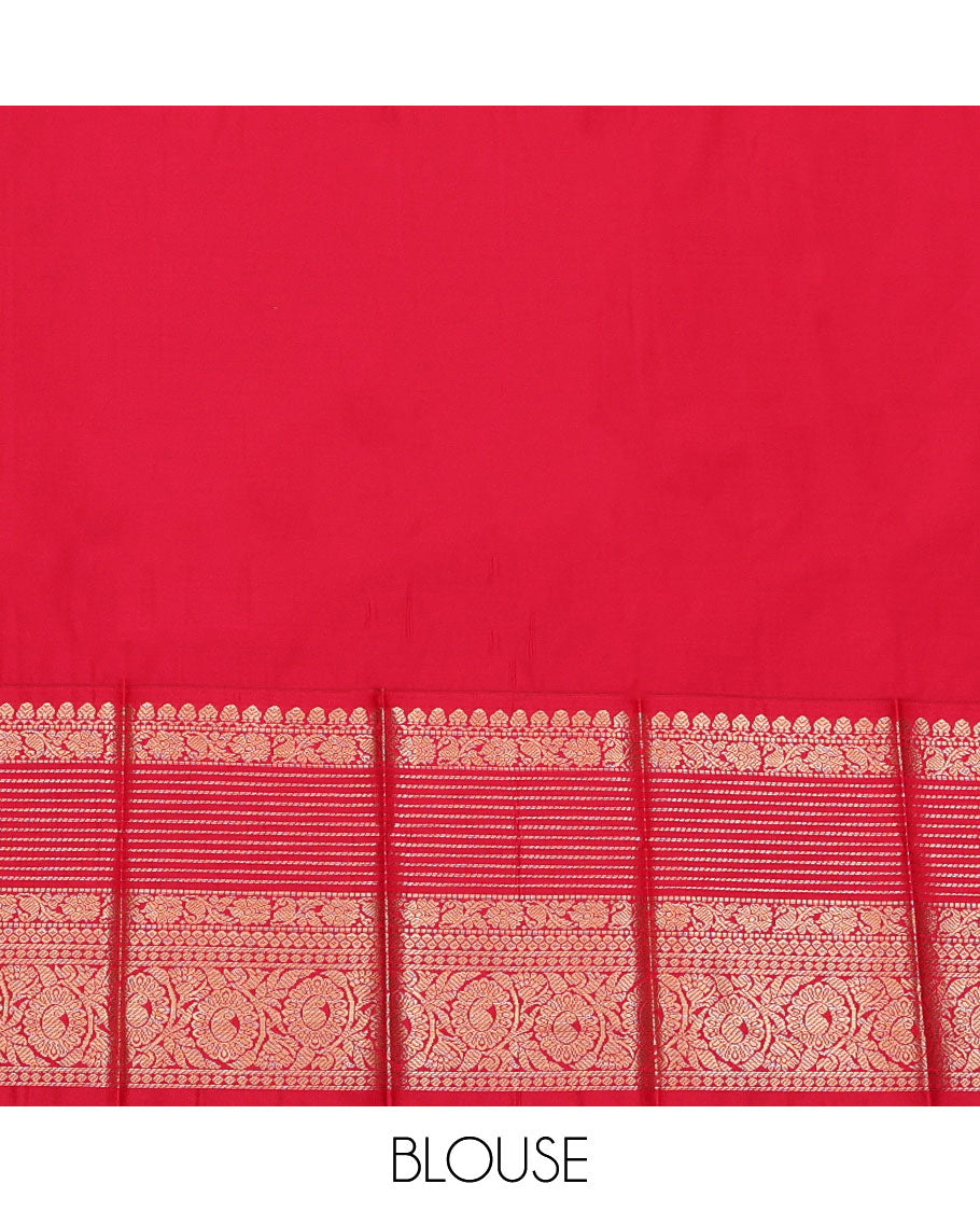 Sandal Budget Silk Saree, Sparsely Sparkled with Zari Buttas, Contrast Traditional Zari Border, Grand Jaal Pallu, and a Contrast Blouse