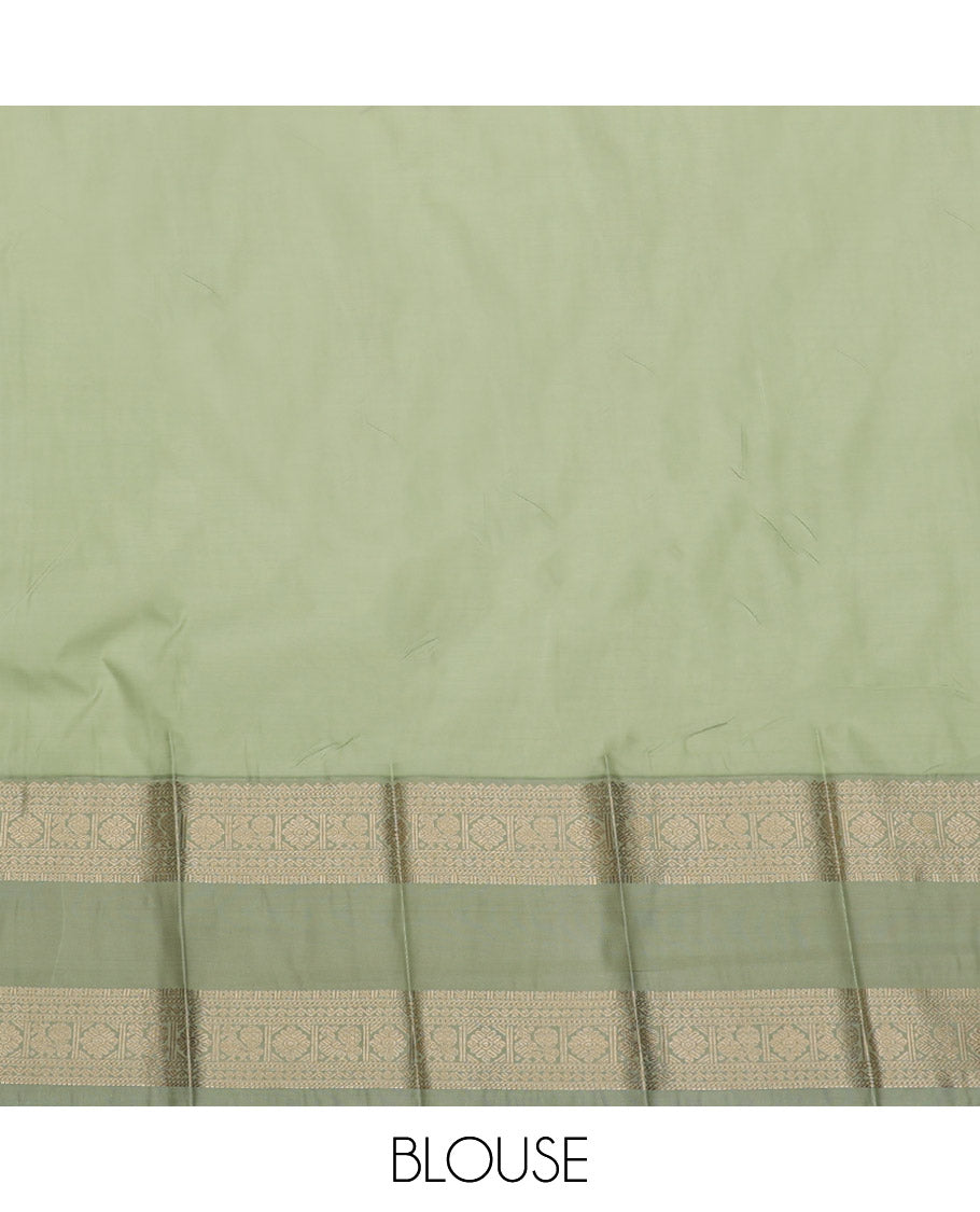 Blue Budget Silk Saree, Highlighted by Buttas, Complemented by a Contrast Traditional Rettai Pettu Border, Sparsely Woven Pallu, and a Contrast Blouse