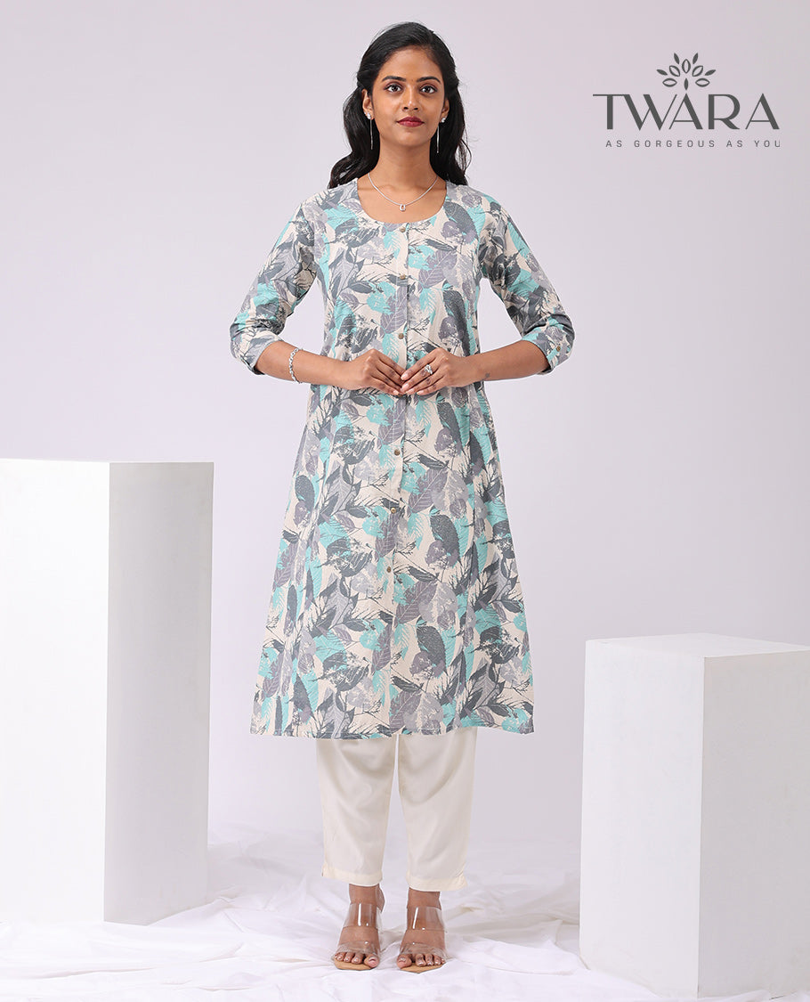 Twara cream leaf printed round neck, knee lenght, 3/4 th sleeve , a line kurti