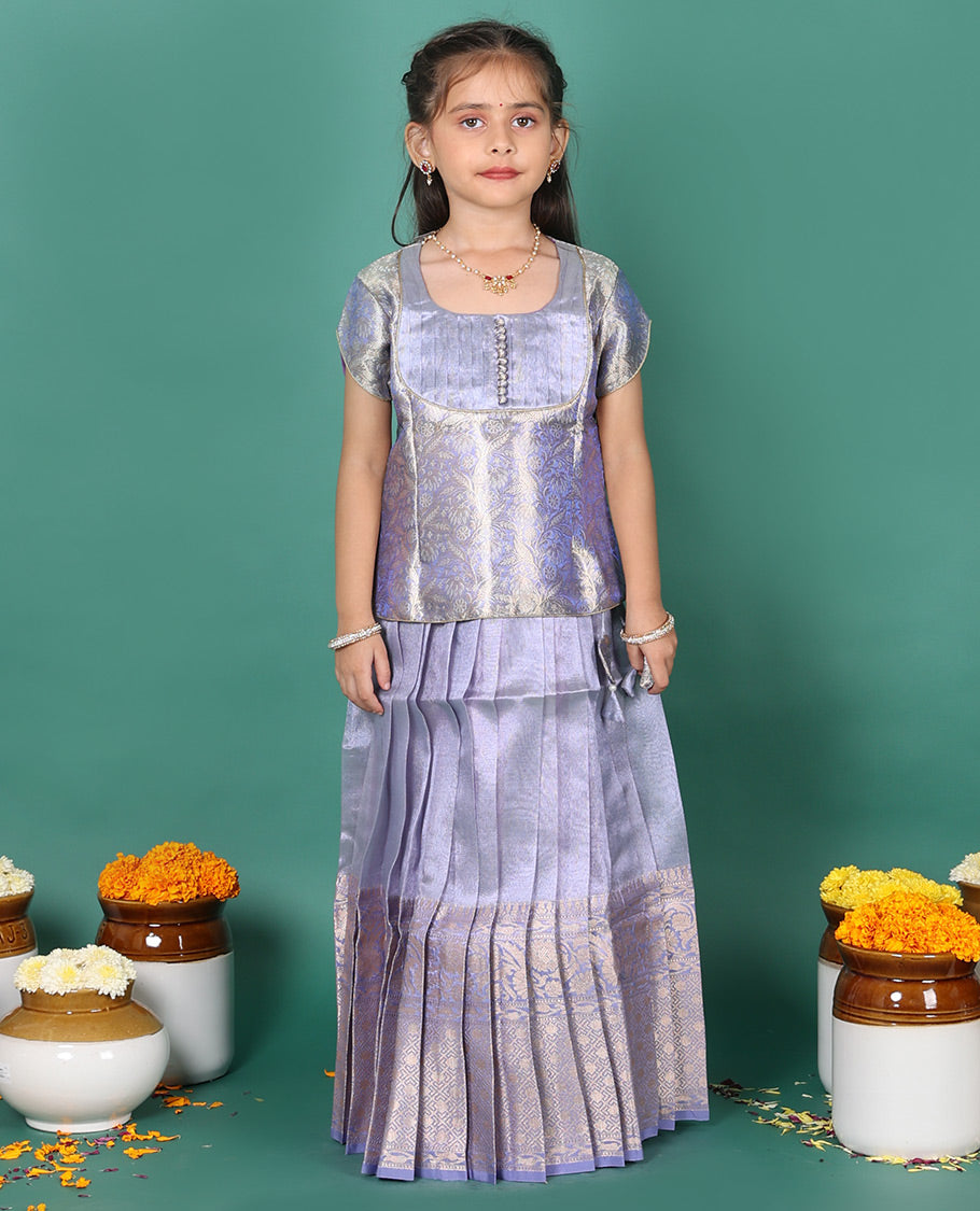 Violet readymade art silk pavadai, traditional zari border skirt, & jacquard short-sleeve round-neck blouse