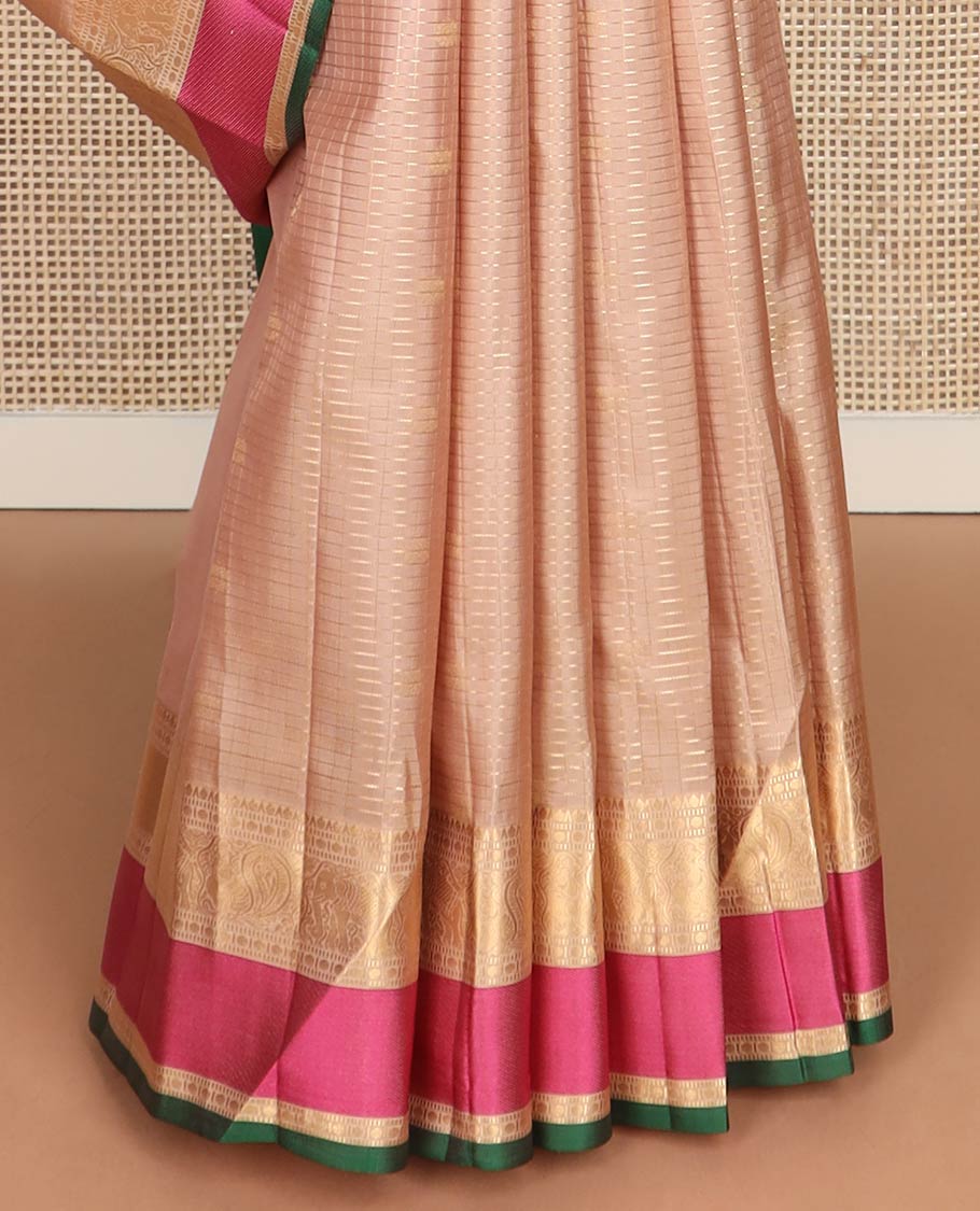 Sandal zari design silk saree, contrast intricate pallu & border of rekku, muthu, paisa, kodi mayil & yaanai designs