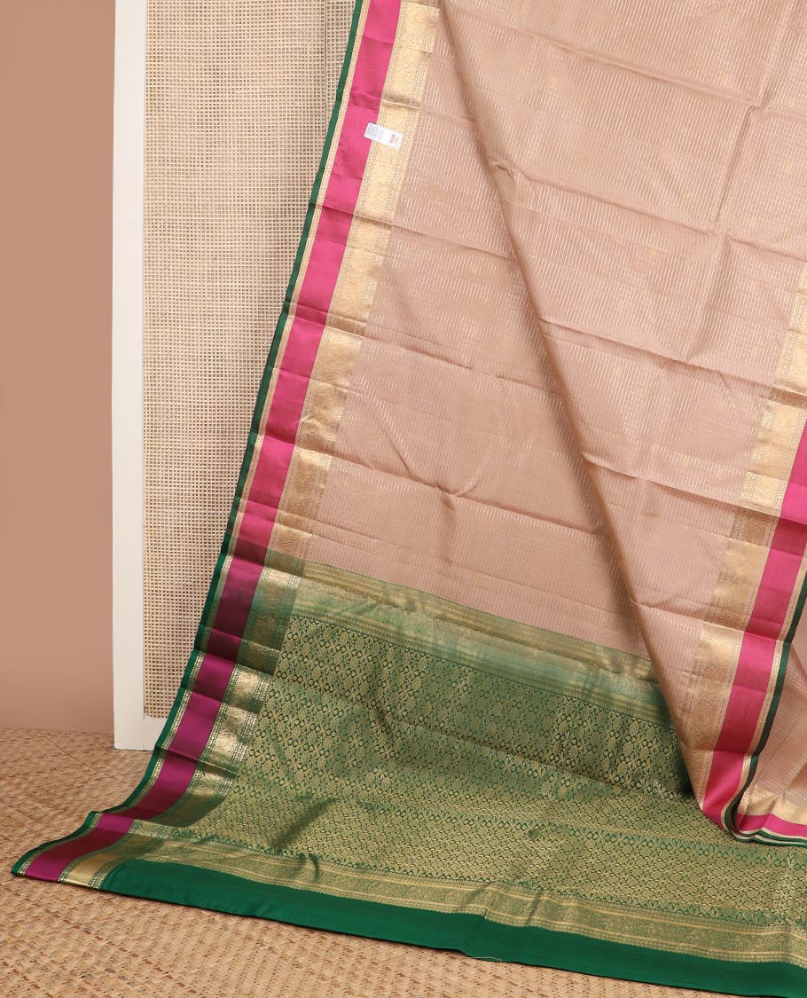 Sandal zari design silk saree, contrast intricate pallu & border of rekku, muthu, paisa, kodi mayil & yaanai designs