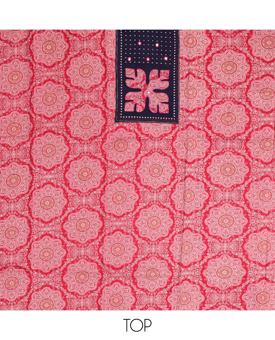 Red Material Chudidar Set, Decked Up with Intricately Printed and Neck Work on Cotton Top, a Contrast Plain Cotton Bottom, and Paired with a Warli-Printed Cotton Dupatta