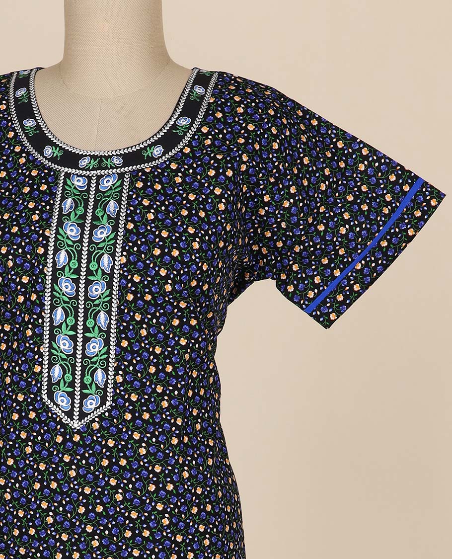Black floral printed and floral thread embroidery round neck cotton half-sleeve nighty