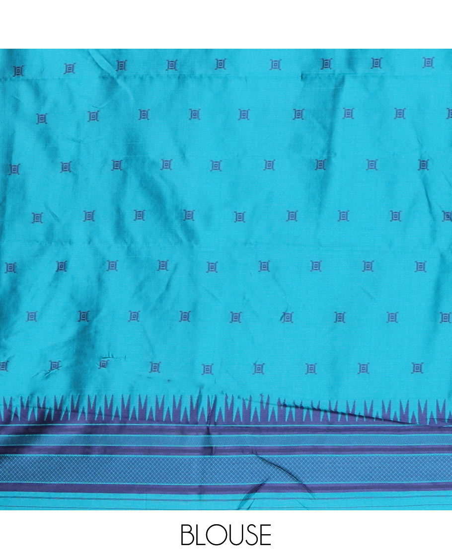 Navy Blue Kanchi Silk Saree, Subtly Woven with Flower Buttas All Over Its Body, Complemented by a Contrast Temple Border, Pallu Mirrors the Same Floral Motifs, and Paired with a Contrast Blouse