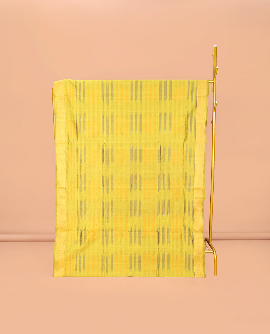 Yellow-Purple Poly Cotton Saree, Subtly Sparkled with Buttas all over its Body, a Subtle Border, Complemented by Contrast Pallu of Stripes, and Paired with a Contrast Blouse