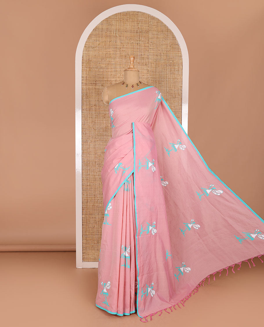 Borderless pink fairy motifs South cotton saree with a matching blouse, and a contrast chevron printed blouse