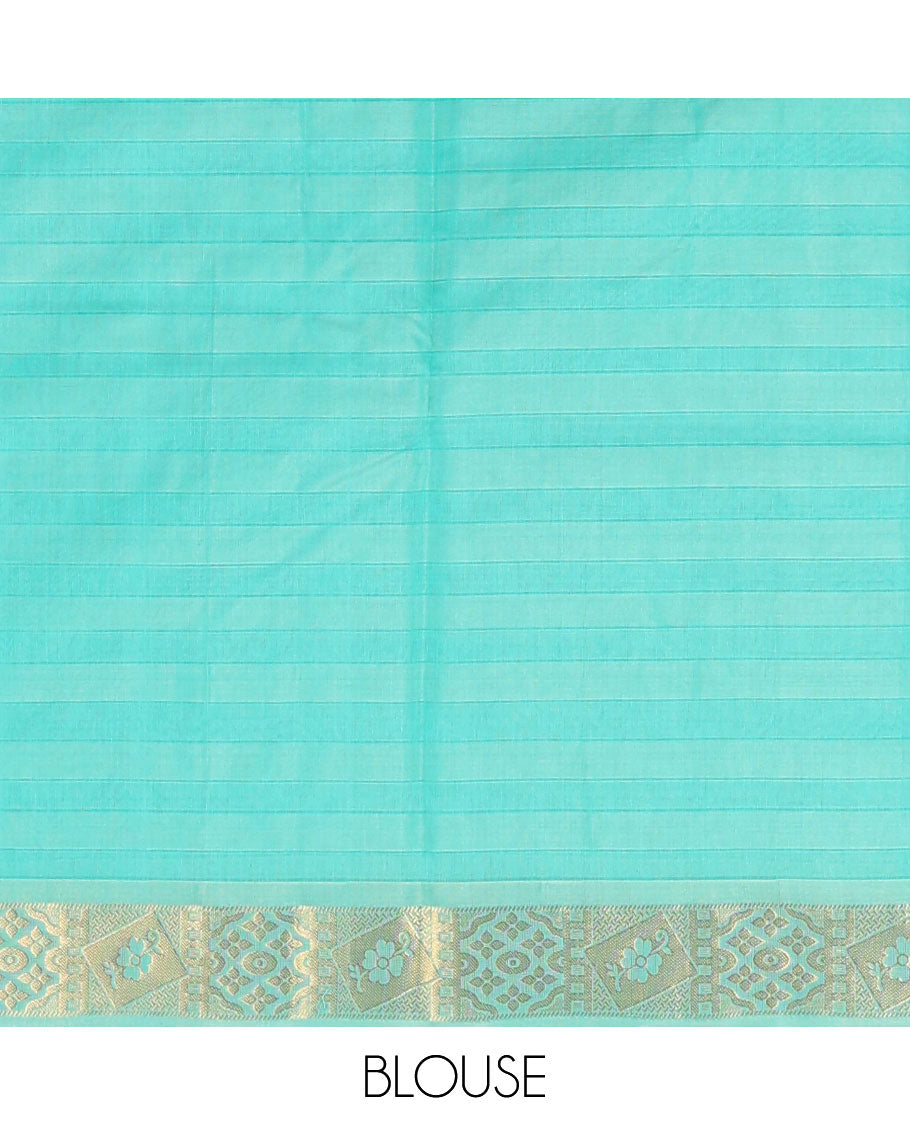 Light blue striped, floral motifs silk cotton saree with self zari border & floral vine design pallu