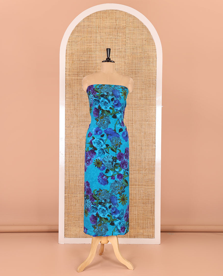 Rama green material chudidar set, realistic floral-printed Italian crepe top, a plain bottom, and a floral-printed georgette dupatta