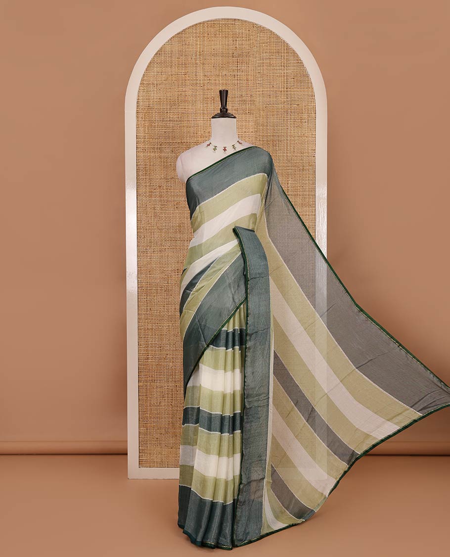 Pista green horizontal stripes printed lassi cotton saree, lace border & contrast buttas woven blouse