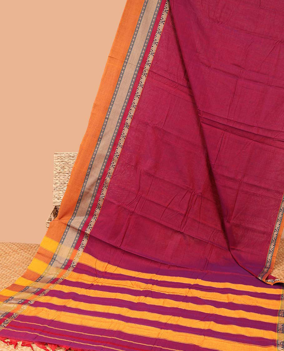 Red plain design Narayanapet cotton saree, contrast traditional design border & striped pallu