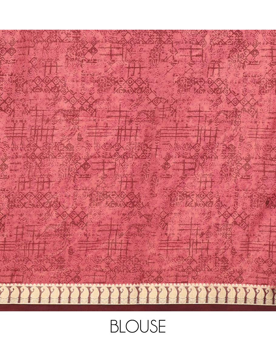 Red micro-motifs printed semi-banaras printed saree, contrast paisley border & intricate pallu