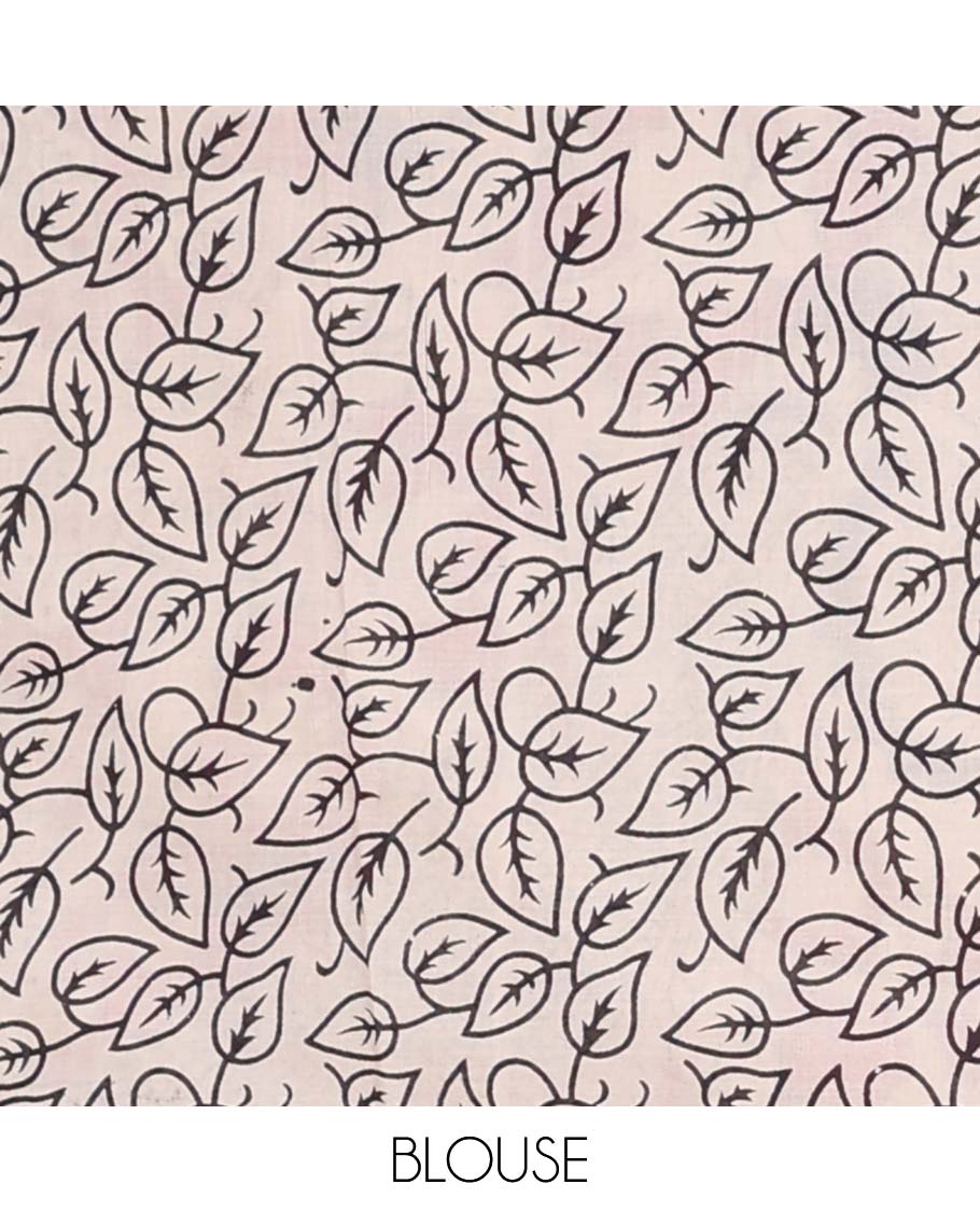 Cream floral vine design machine-printed kalamkari cotton saree with contrast geometric border & floral, animal design pallu