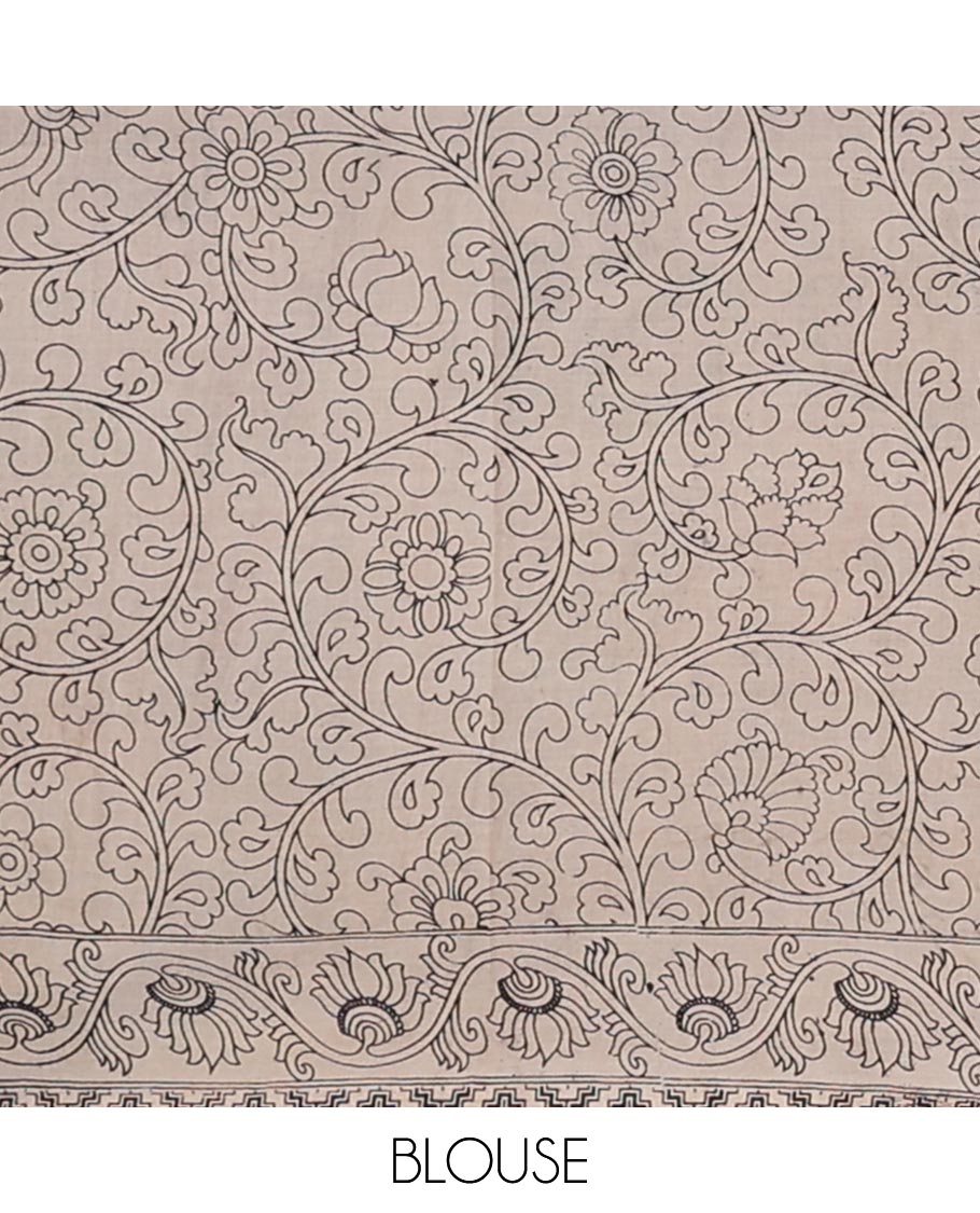 Black motifs machine-printed kalamkari cotton saree with contrast floral design border & peacock , floral design pallu