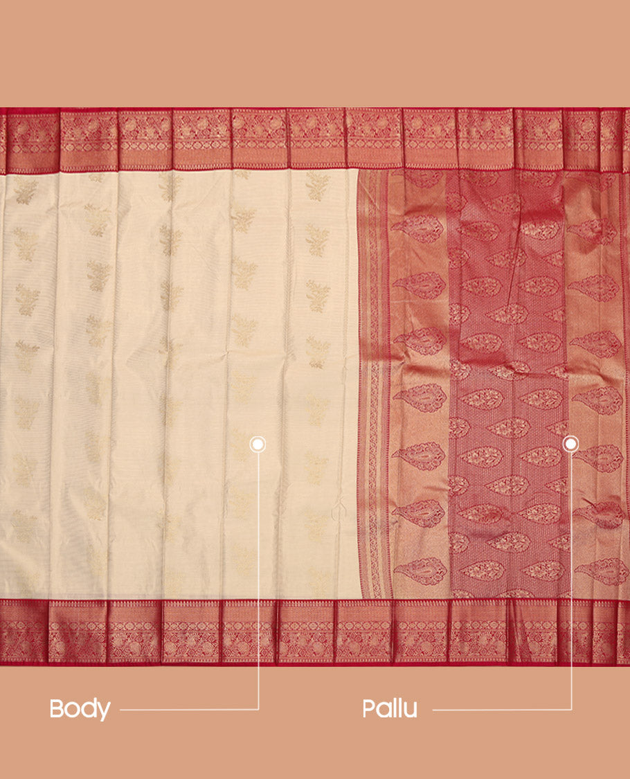 Cream Budget Silk Saree, Richly Detailed with Zari Buttas and Checks, Captivating Contrast Traditional Zari Design Border, Grand Pallu, and a Contrast Blouse