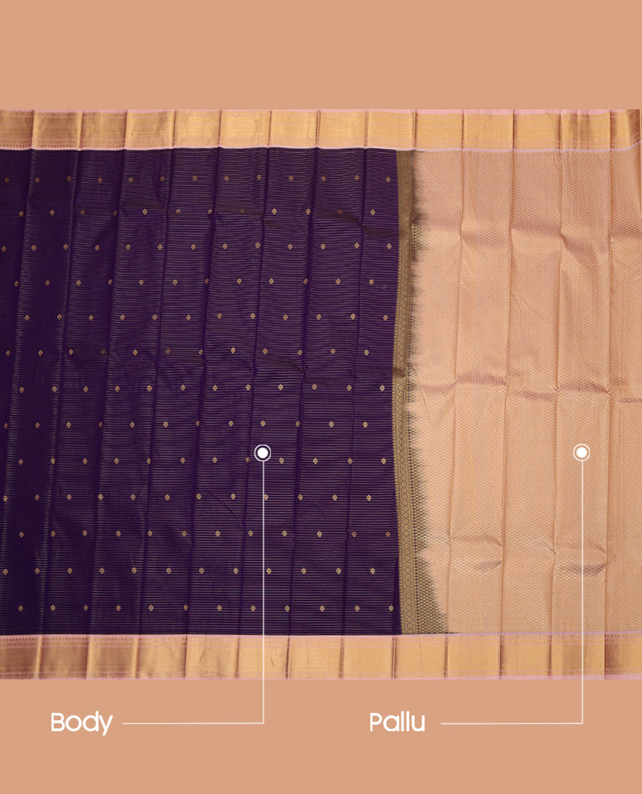 Violet Budget Silk Saree, Decorated with Zari Buttas and Stripes, Complemented by a Contrast Traditional Zari Border, Grand Pallu, and Contrast Blouse