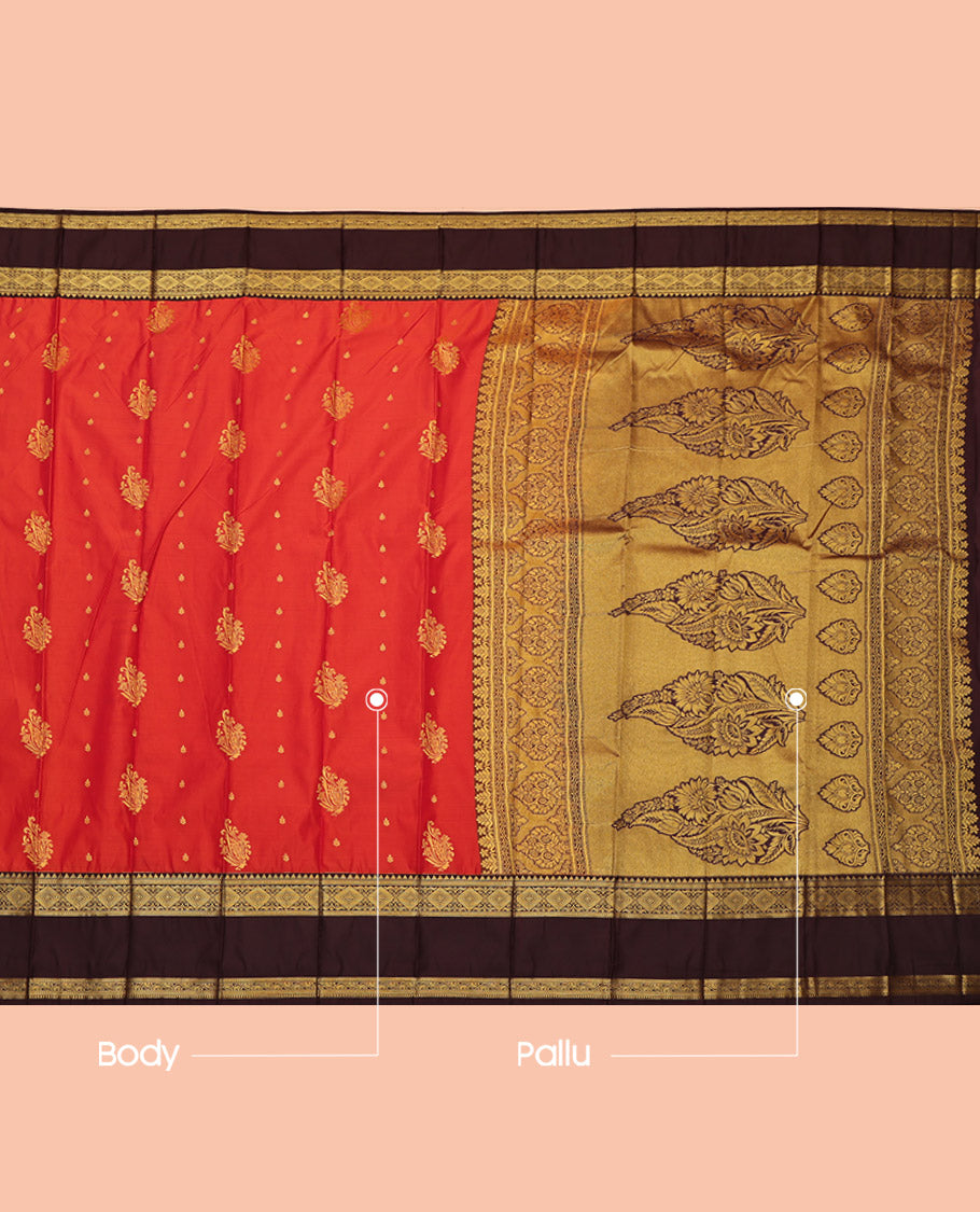 Red Budget Silk Saree, Highlighted by Zari Buttas, Complemented by Contrast Traditional Rettai Pettu Border, Grand Pallu and a Contrast Blouse