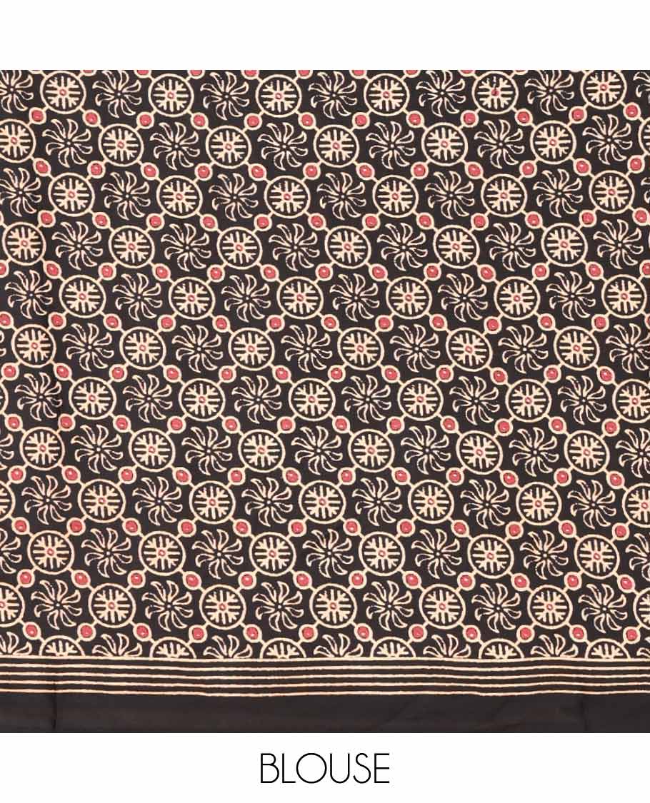 Black striped printed satincrepe saree with self striped border & printed pallu along with ajrakh printed blouse