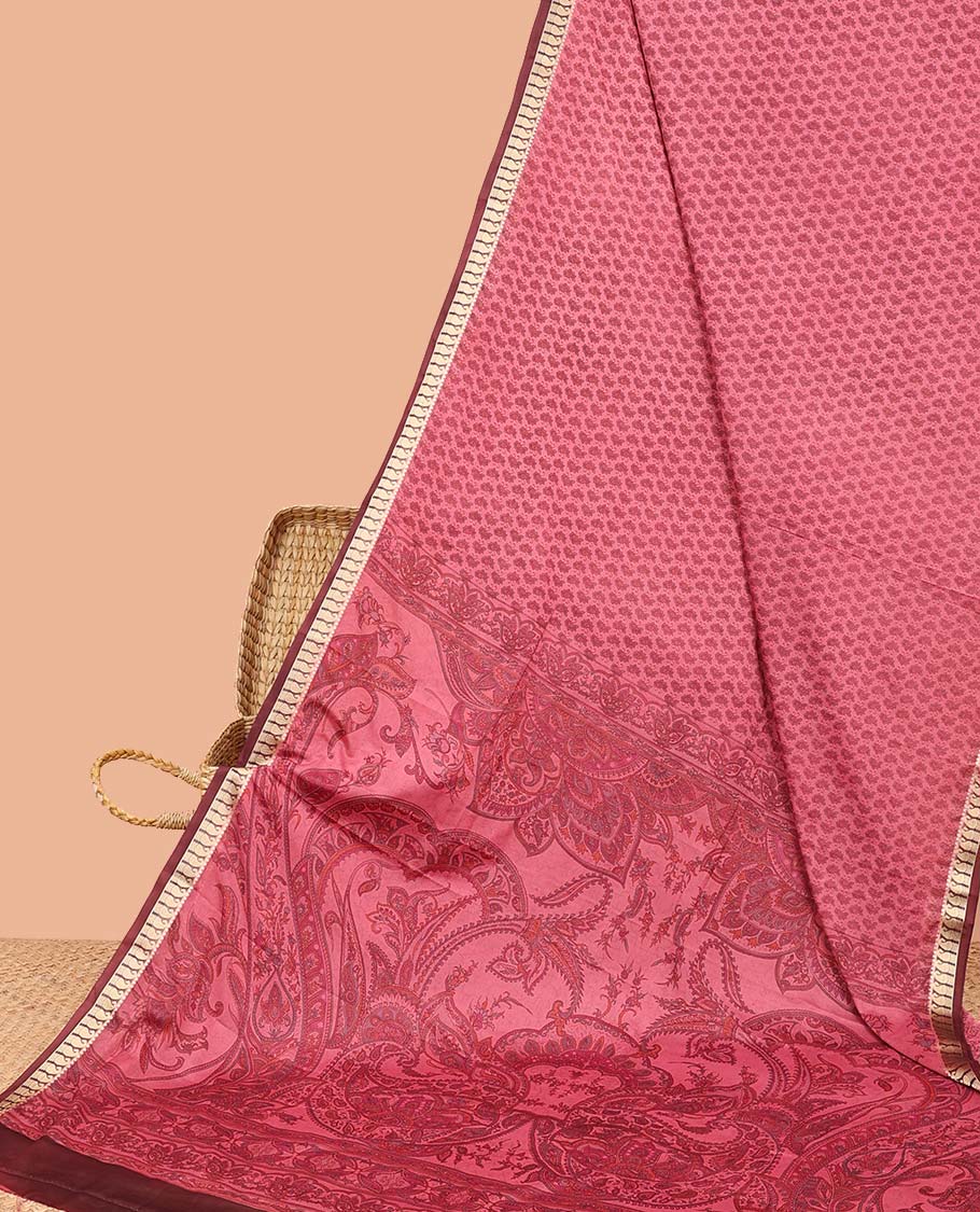 Red micro-motifs printed semi-banaras printed saree, contrast paisley border & intricate pallu