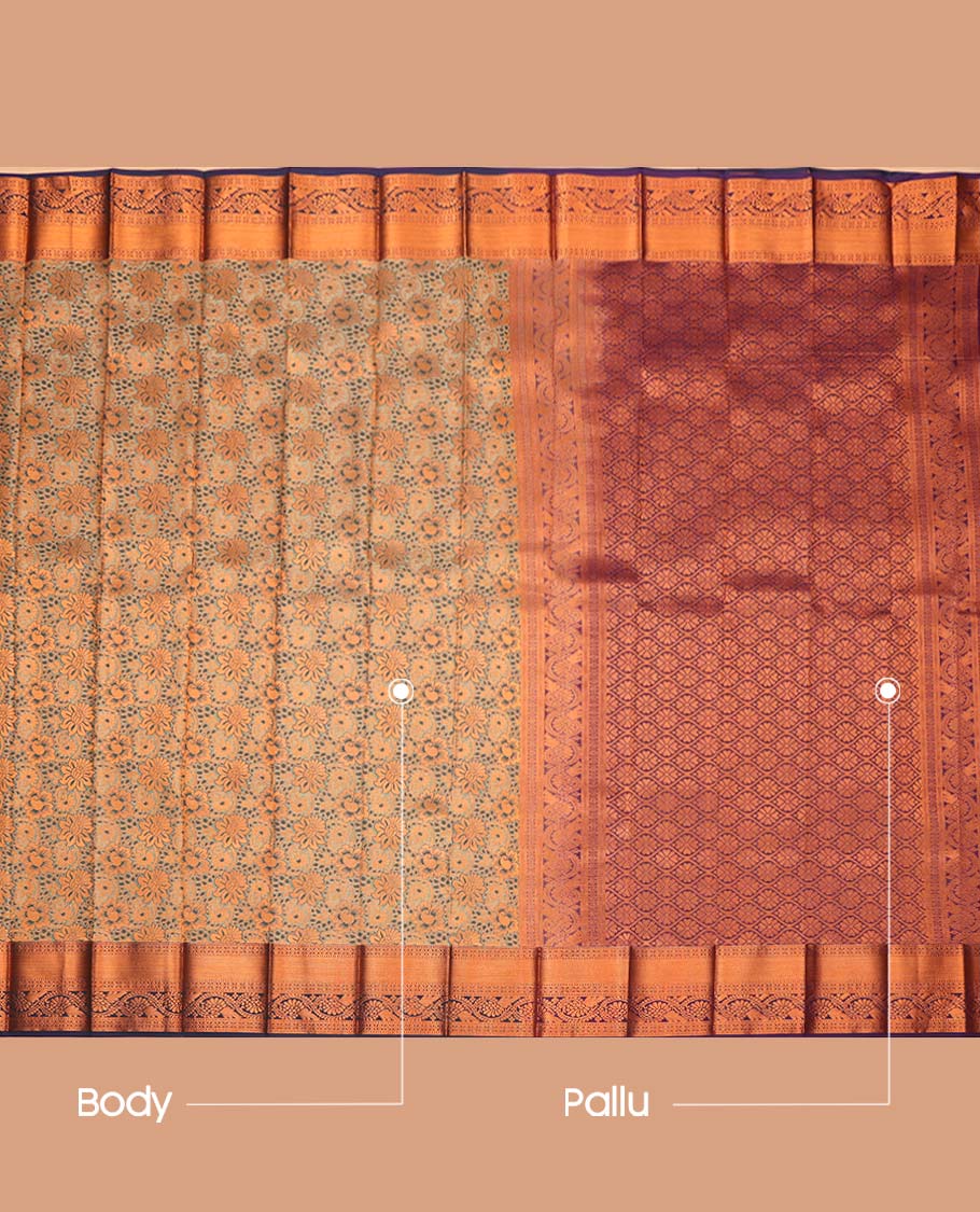 Grey Budget Silk Saree, Styled with Floral Jacquard Design, Complemented by Contrast Traditional Kodi Visiri Zari Border, a Jaal Pallu and a Contrast Blouse