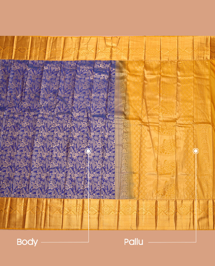 Blue Budget Silk Saree, Opulently Embellished with Floral Jacquard, Complemented by Contrast Traditional Zari Border, Grand Pallu, and Contrast Blouse