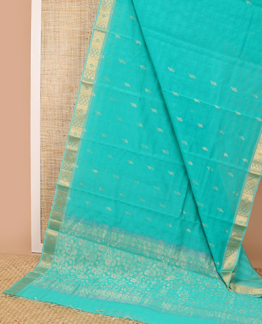 Light blue striped, floral motifs silk cotton saree with self zari border & floral vine design pallu