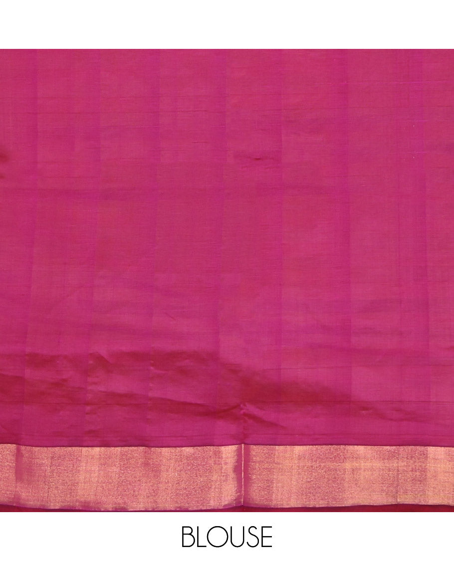 Yellow-Purple Poly Cotton Saree, Subtly Sparkled with Buttas all over its Body, a Subtle Border, Complemented by Contrast Pallu of Stripes, and Paired with a Contrast Blouse