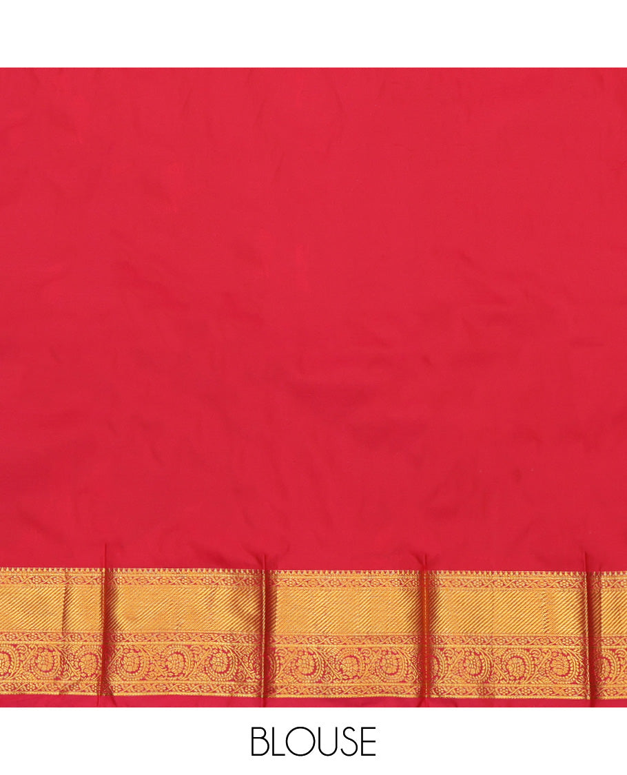 Green Budget Silk Saree, Elevated with Zari Buttas, a Contrast Traditional Zari Border, Grand Jaal Pallu, and a Contrast Blouse