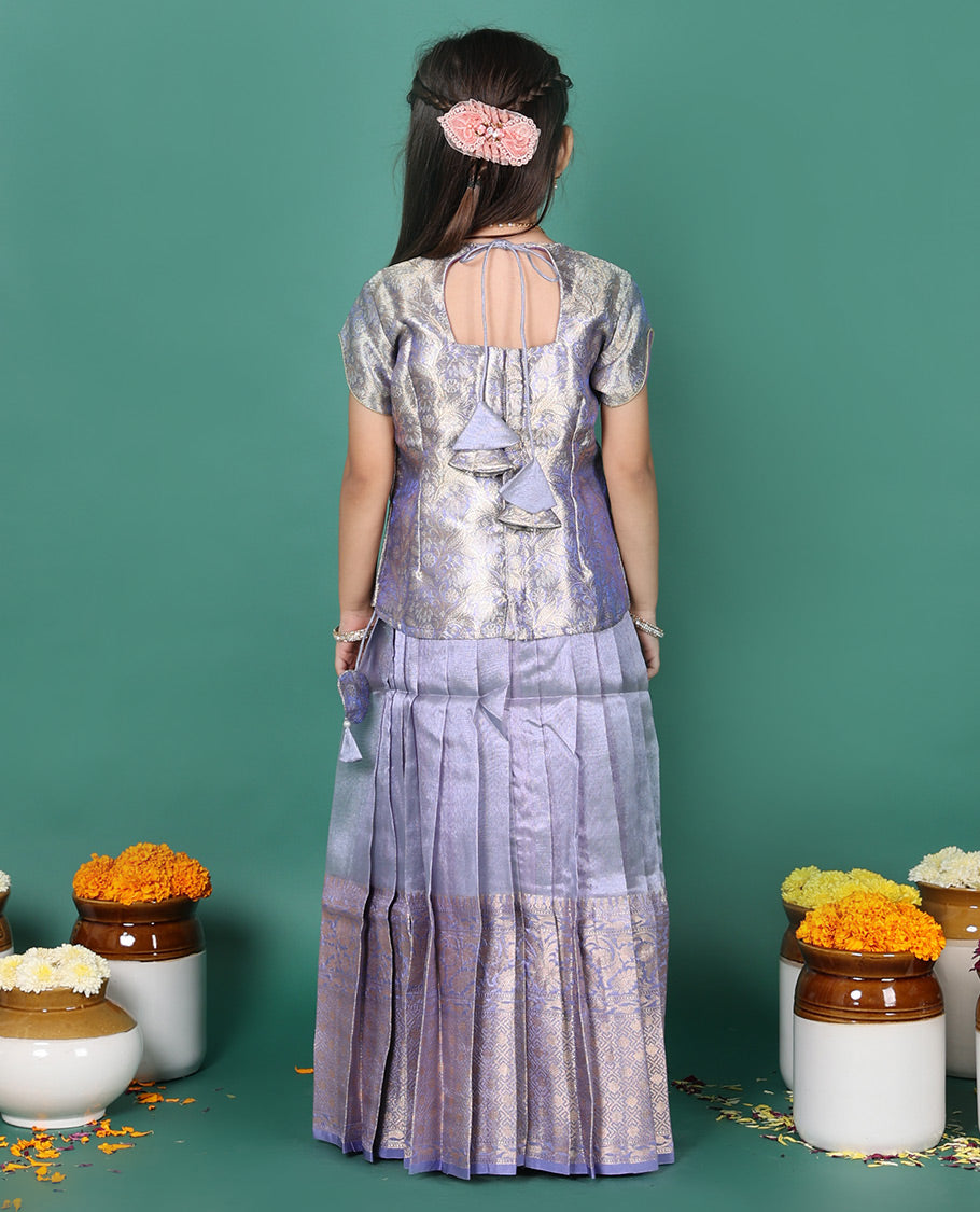 Violet readymade art silk pavadai, traditional zari border skirt, & jacquard short-sleeve round-neck blouse