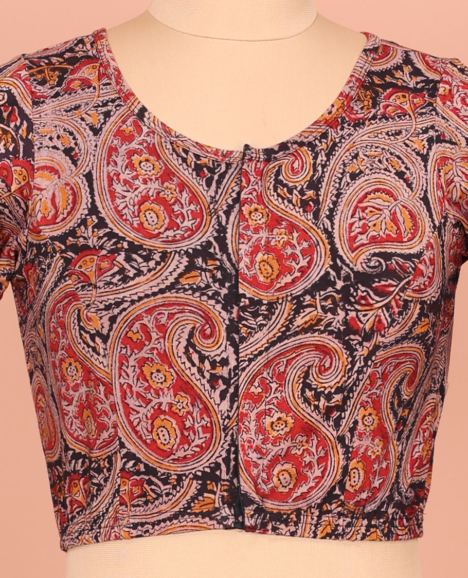 Black and Red Cotton Readymade Blouse Decked up with All-Over Paisley Motifs Print, Front Round-Neck, Back Round Neck, and Elbow Sleeves