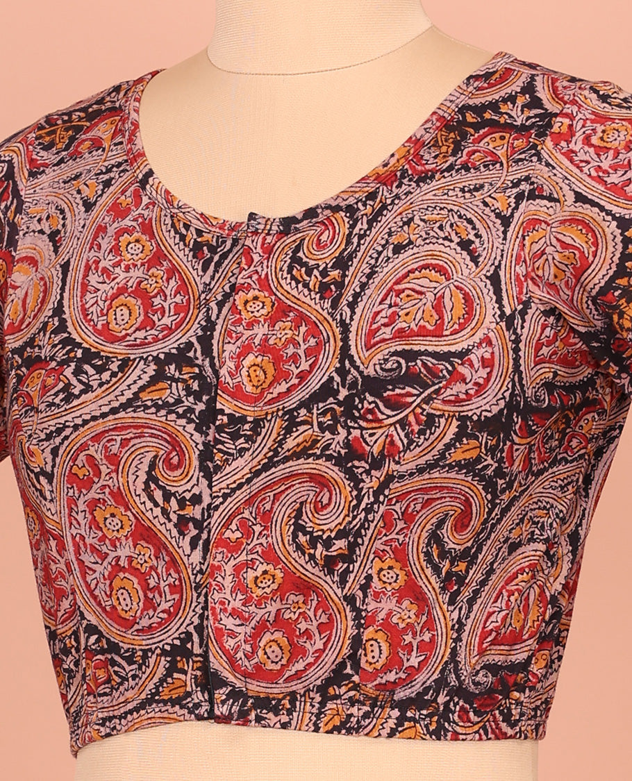 Black and Red Cotton Readymade Blouse Decked up with All-Over Paisley Motifs Print, Front Round-Neck, Back Round Neck, and Elbow Sleeves
