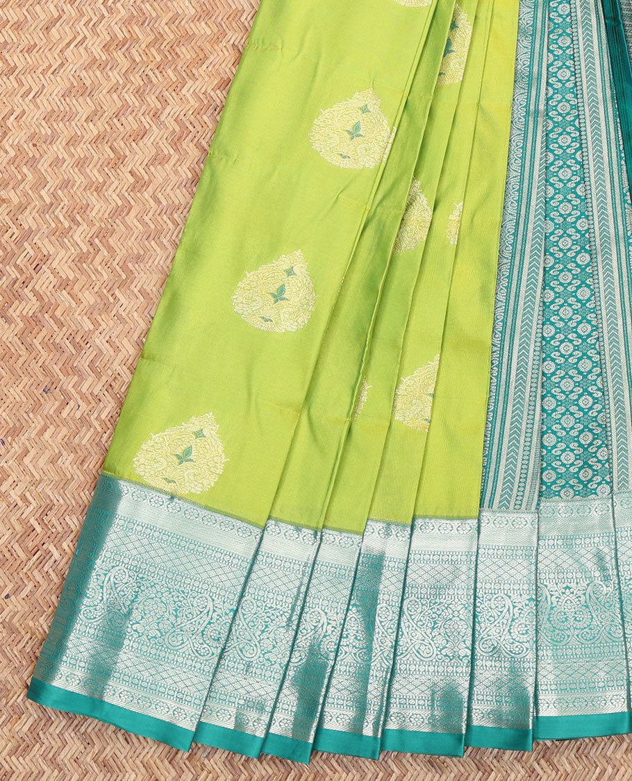 Green Budget Silk Saree, Featuring Zari Buttas All Over Its Body, Complemented by a Contrast Traditional Zari Design Border, Intricately Designed Pallu, and Paired with a Contrast Blouse