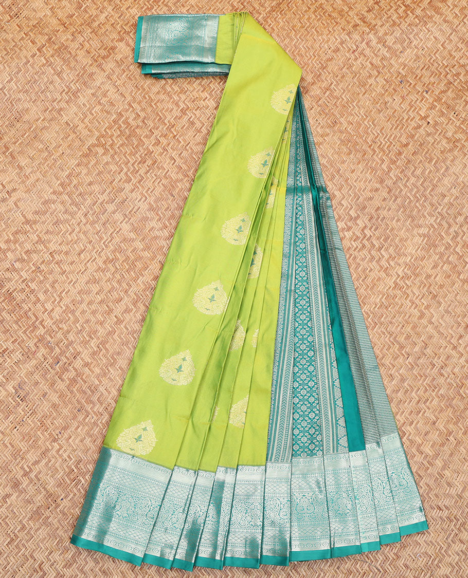 Green Budget Silk Saree, Featuring Zari Buttas All Over Its Body, Complemented by a Contrast Traditional Zari Design Border, Intricately Designed Pallu, and Paired with a Contrast Blouse