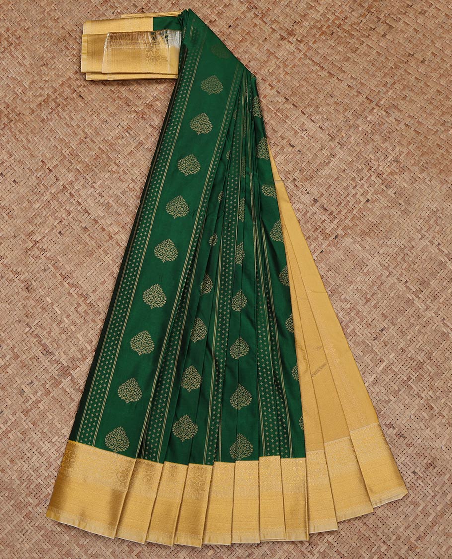 Green Budget Silk Saree, Decorated with Zari Buttas and Stripes on Its Body, Complemented by a Contrast Traditional Zari Border, Sparsely Woven Pallu, and Paired with a Contrast Blouse