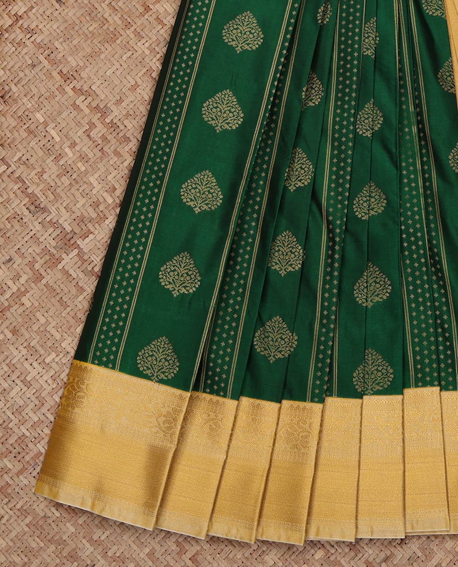 Green Budget Silk Saree, Decorated with Zari Buttas and Stripes on Its Body, Complemented by a Contrast Traditional Zari Border, Sparsely Woven Pallu, and Paired with a Contrast Blouse
