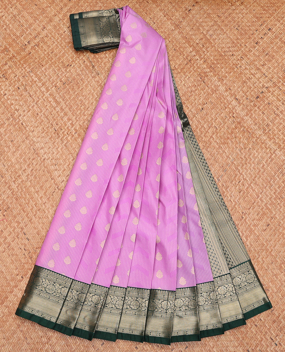 Pink Budget Silk Saree, Gleamed Up with Buttas, Complemented by a Contrast Traditional Border, Geometric Pallu, and a Contrast Blouse